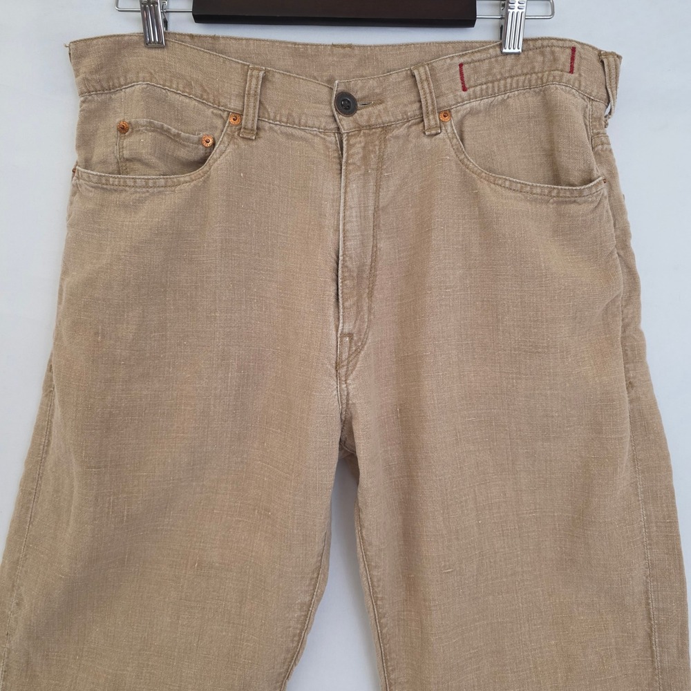 VTG Guess Jeans Mens 36x32 Tan 100% Linen Straight Leg Y2K Red Label 3-V-01